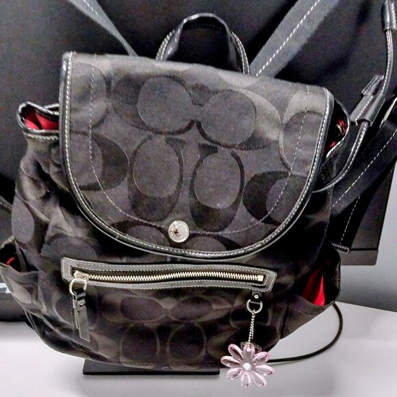 Coach Kyra Daisy Black Signatured Jacquard Backpack With Daisy Charm - Picture 2 of 8